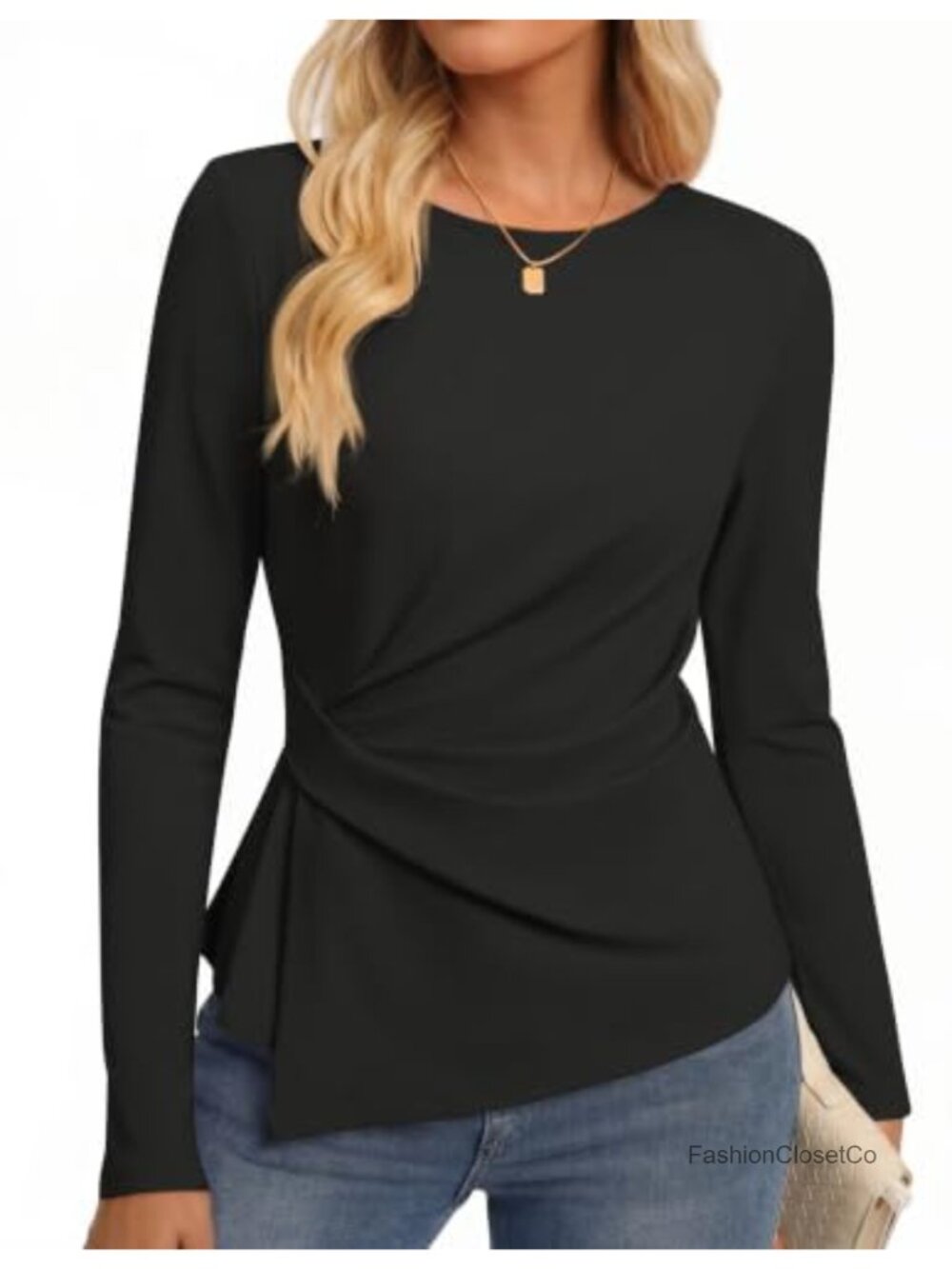 Women's Long Sleeve Peplum Business Casual Top, Ruched Knit Blouse